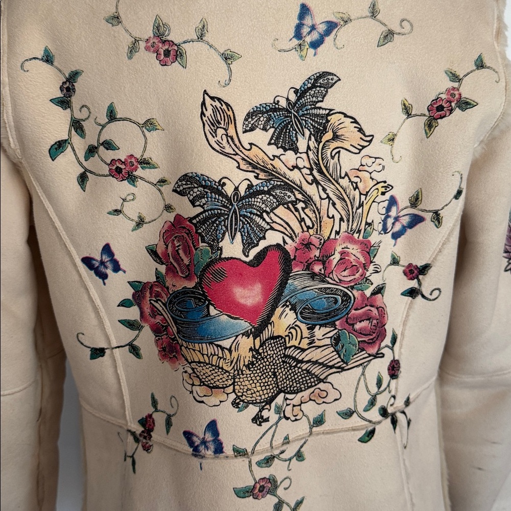 eivissa Cream Faux Fur Suede Painted Graphic Coat Jacket Tattoo design - Picture 7 of 10